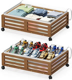 Under Bed Storage with Wheels-Large Bamboo Underbed storage Containers with Large Dust Bag Stackable Under the Bed Shoe Stora