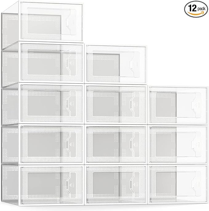SEE SPRING 12 Pack Shoe Storage Box, Clear Plastic Stackable Shoe Organizer for Closet, Space Saving Foldable Shoe Rack Sneak