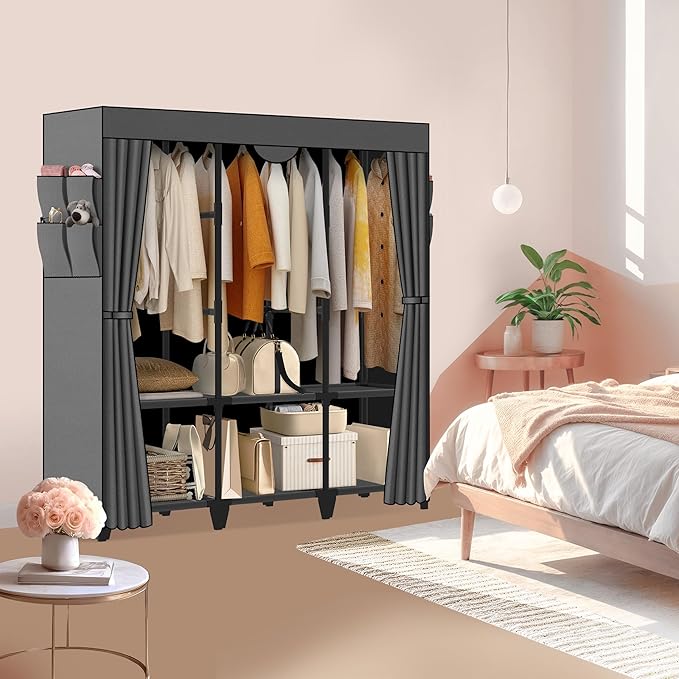 Wardrobe Closet, Quick and Easy Assembly, Gray Large Capacity Portable Closet with 3 Hanging Rods 6 Storage Shelves and 8 Sid