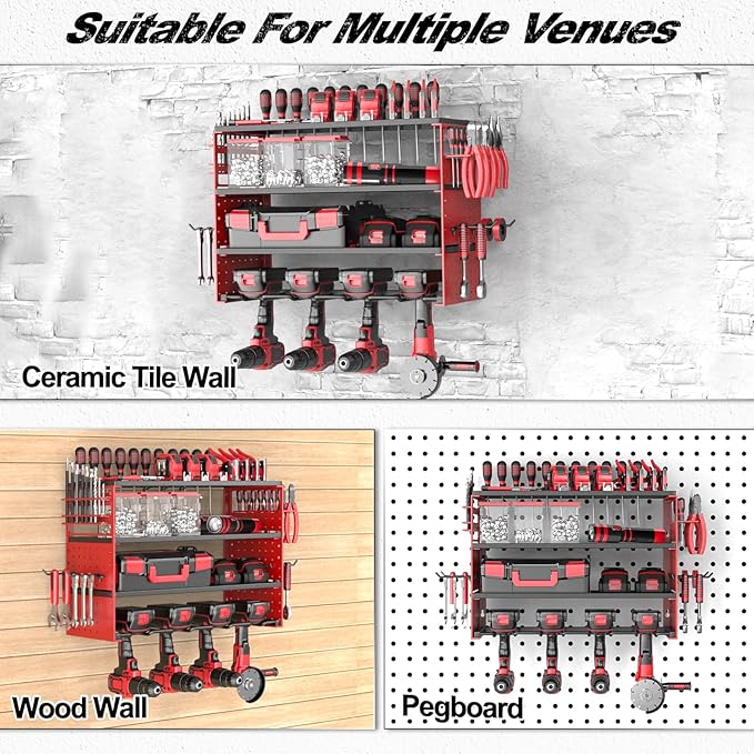Power Tool Organizer Wall Mount, Cordless Drill Hanger Storage Rack 8 Drill Holder, 4 Layer Heavy Metal Large Capacity Tool R