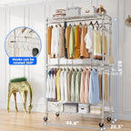 Simple Trending Heavy Duty Clothes Rack Clothing Rack with Wheels and 4 Hanging Rods, Adjustable Rolling Garment Racks, Load 