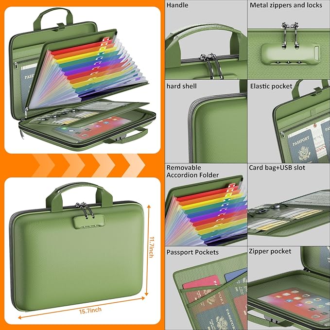 Fireproof File Organizer with Lock, Hard Case Fireproof Document Box with 13 Colorful Pockets Accordion File Folder, Importan