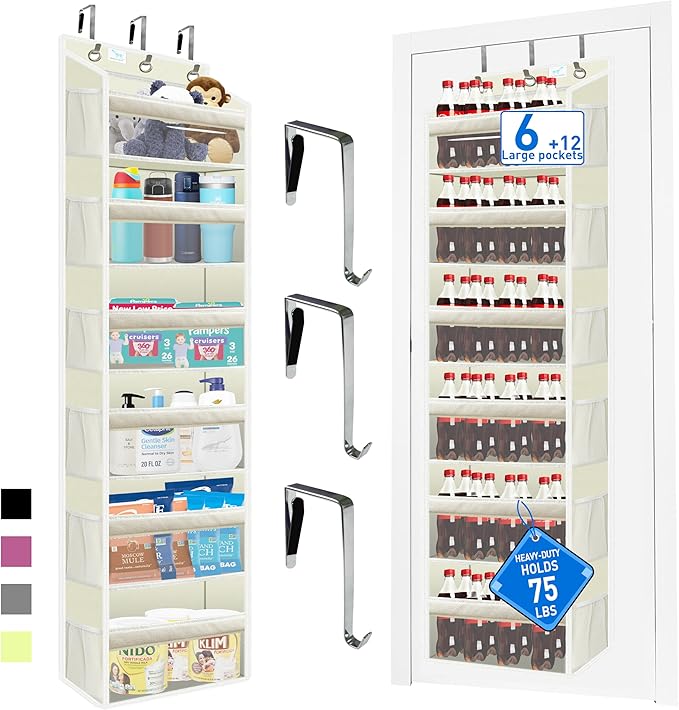 over the door organizer, Solid Bamboo Board (Not Plastic!) 6-Tier Heavy Duty 75LB, 12 Side Pockets, 3 Reinforced Hooks & Anti