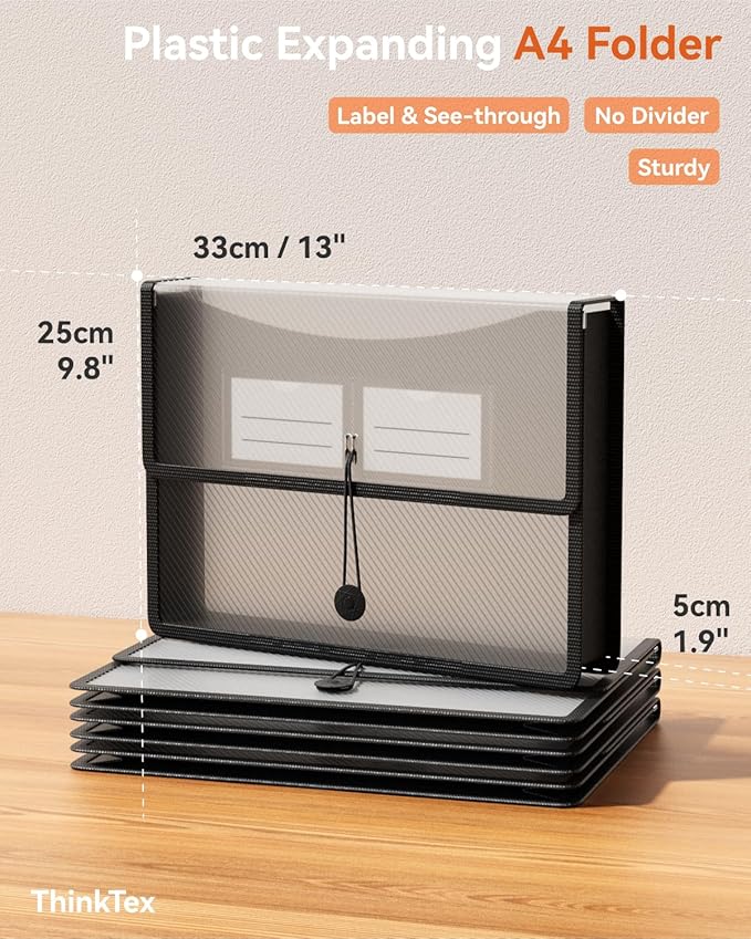 ThinkTex Plastic Expanding File Folders, Transparent Envelopes with Elastic Closure, No Dividers, Large Capacity, Fits Letter