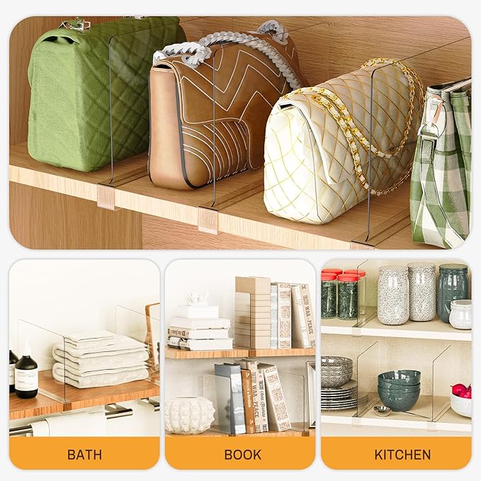 12 Pack Closet Shelf Dividers Organizer Purse Clothes Organization Acrylic Clear Tall Divider Separators for Wood Wire Thick 