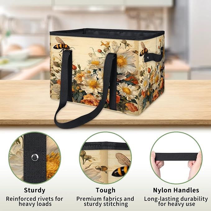 Reusable Grocery Bags Heavy Duty Shopping Bags Foldable Large Tote Bags with Long Handles & Hard Bottom
