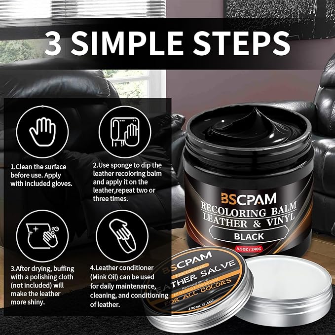 Black Leather Recoloring Balm with 100ml Mink Oil,Leather Couch Scratch Remover,Leather Repair kit for Vinyl Furniture and Ca