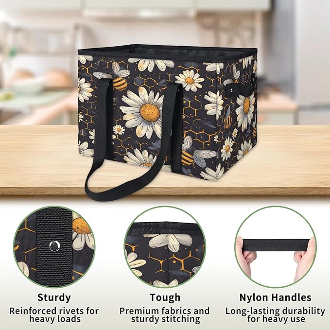 Reusable Grocery Bags Heavy Duty Shopping Bags Foldable Large Tote Bags with Long Handles & Hard Bottom