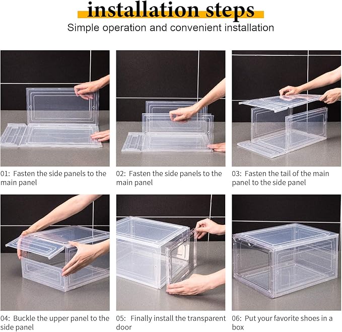 Attelite Shoe Box,Set of 6,Stackable Plastic Clear Shoe Box Organizer with Magnetic Door,Shoe Storage Box Thicken Sturdy,Easy