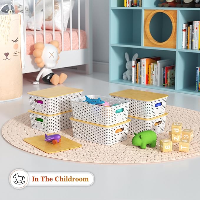 Ohmlove Plastic Storage Baskets With Bamboo Lid - Plastic Storage Containers Stackable Storage bins: Storage Baskets for Orga