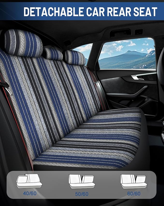 Baja Saddle Blanket Car Seat Covers Front Set with Seat Belt Pads, Washable Breathable Striped Woven Cloth Seat Covers for Ca