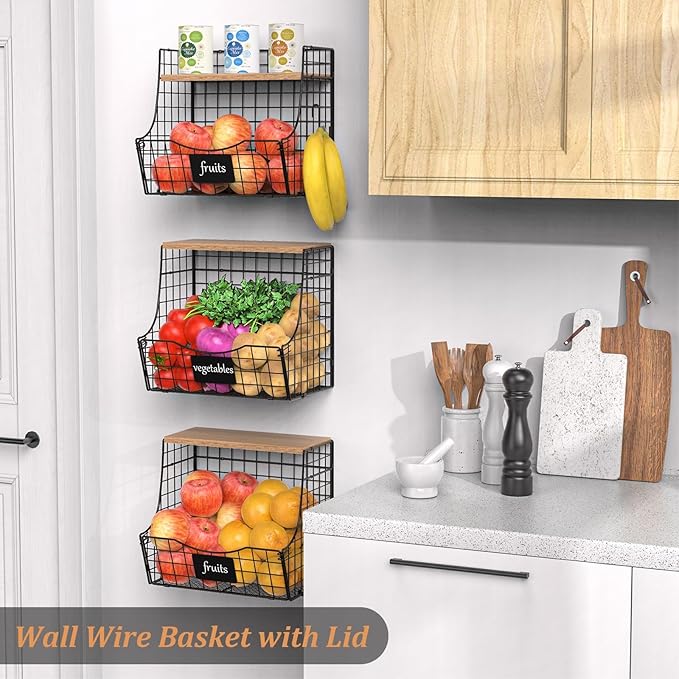 3 Pack wire Fruit Basket for Kitchen with Wood Lid - Counter&Wall Mounted Onion and Potato Storage with Nameplate, Hanging Ba