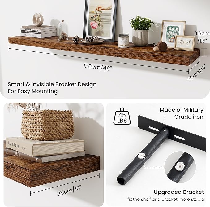 Fun Memories 55 Inch Fireplace Mantel Shelf, 10 Inch Deep Shelves for Display & Wall Storage, Rustic Wood Wall Shelf, Extra L