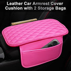 CAR PASS 3D Rhombus Pink Leather Steering Wheel Cover Car Accessories Set, Center Console Armrest Cushion with Storage Bags 2 Non-Slip Cup Coasters, 14.5-15in Cute Car Interior Sets, 4 PCS Hot Pink