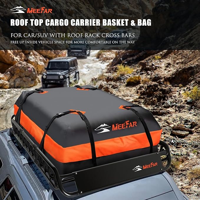 MeeFar Roof Rack Carrier Carrier Basket 51"*36"*5"+Waterproof Bag 15 Cubic Feet(44"*34"*17"),and Cargo Net with Attachment Hooks,Ratchet Straps.200 Lbs Capacity,Universal Rooftop Large Size Roof Rack