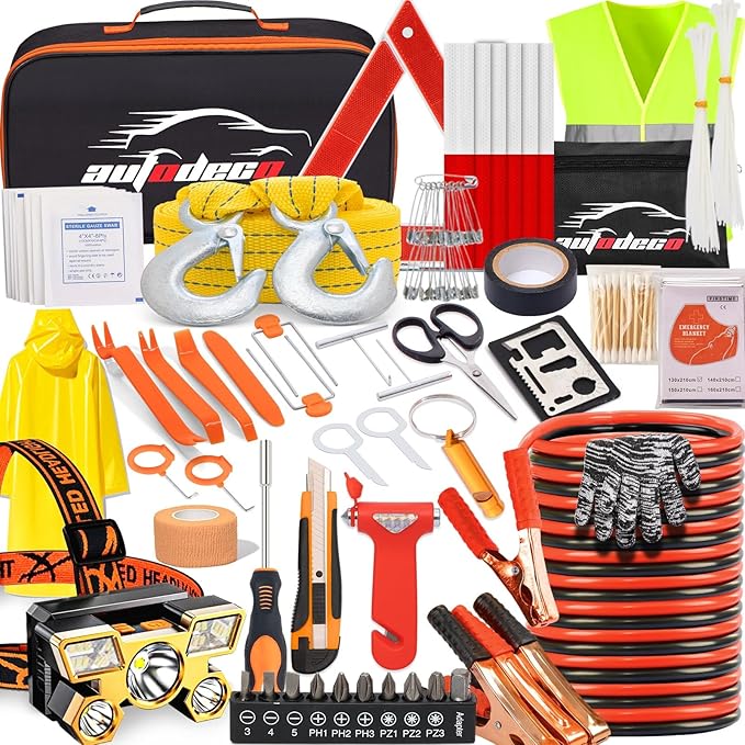 AUTODECO 126pcs Roadside Emergency Car Kit - Auto Safety Kit Vehicle Outdoor Automotive Interior Kits with Jumper Cables