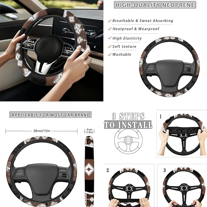 13 Pack Automobile Interior Sets Car Seat Cover Set with Steering Wheel Seat Belt Strap Cover Armrest Pad Southwest Aztec Tribal Coasters Keychain Chapstick Holder Universal Fit SUV Sedan