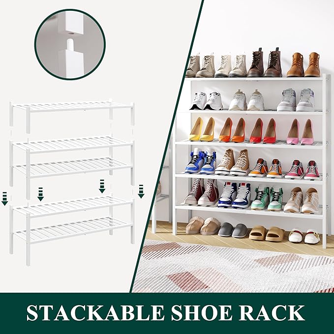 Smiry Shoe Rack, 2 Tier Long Bamboo Shoe Organizer, Stackable Free Standing Wooden Shoe Storage Shelf for Closet, Entryway, F