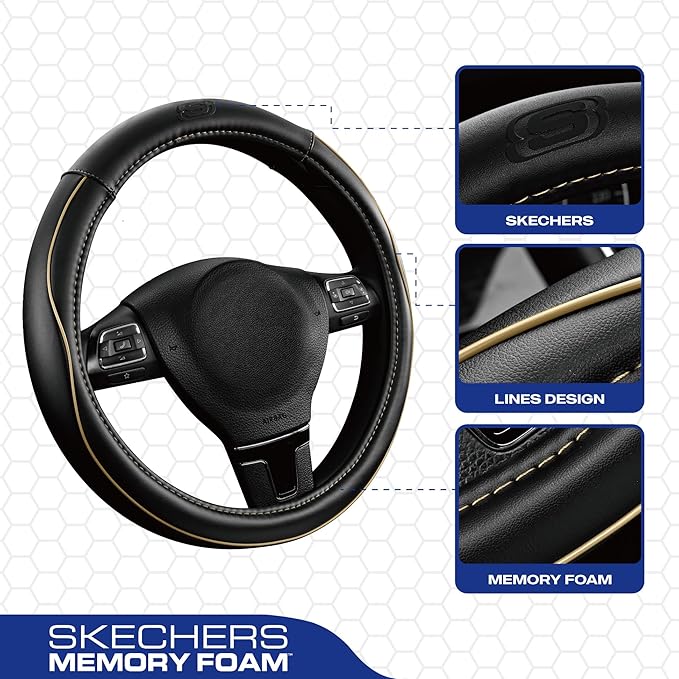 Skechers Memory Foam Steering Wheel Cover,Piping Microfiber Leather Steering Wheel Cover Sporty Universal Fit 14" 1/2-15" Car