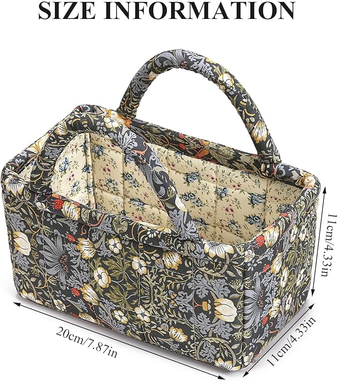 Small Storage Basket Organizer, Mini Fabric Floral Storage Baskets with Handle, Quilted Portable Collapsible Storage (K)