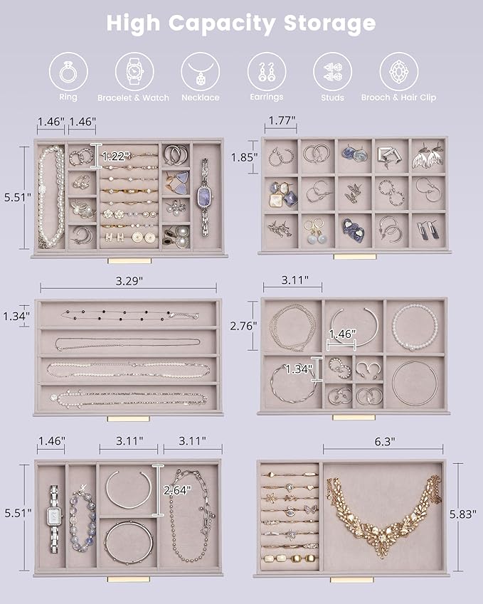 Lolalet Jewelry Box Organizer, 6-Layer Jewelry Organizers and Storage Case with Glass Lid, Ring Earring Bracelet Necklace Hol