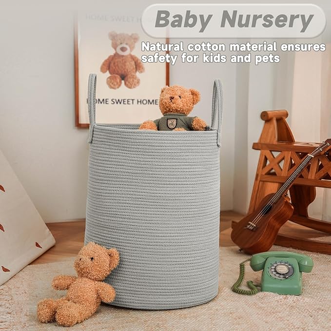 JMvicyroam Large Woven Laundry Basket Hamper,100L Cotton Rope Storage Bin for Blankets,Toys and Clothes,Decorative Tall Nurse