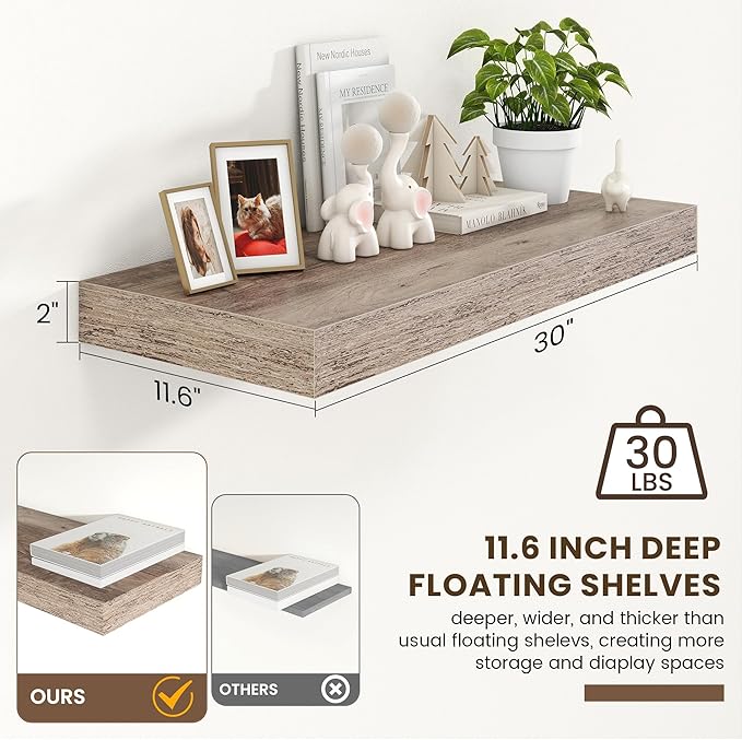30 Inch Floating Shelves | 12 Inch Deep Grey Floating Shelves | 30" W x 12" D Rustic Wood Shelves for Wall | Deep Grey Shelve