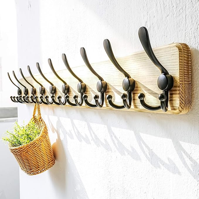 Dseap Coat Rack Wall - Heavy-Duty 38-1/4" Long, with Reinforced 10 Custom Tri-Hooks, Solid Wood Wall Hanger for Coats Hat Jac