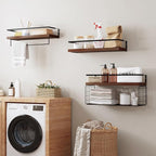 Bathroom Floating Shelves Wall Mounted - 3+1 Tier Rustic Wooden Bathroom Wall Shelves Over Toilet with Wire Storage Basket&To