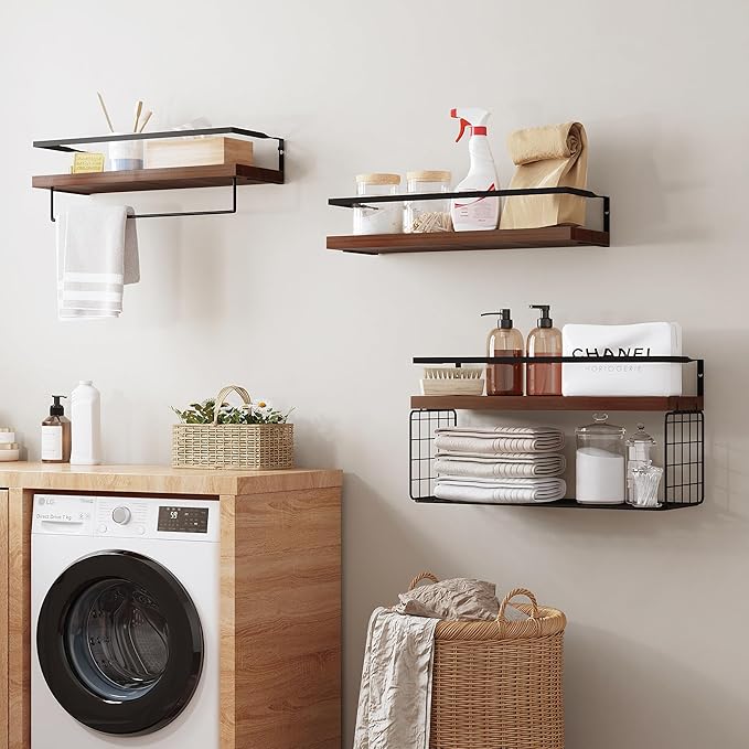Bathroom Floating Shelves Wall Mounted - 3+1 Tier Rustic Wooden Bathroom Wall Shelves Over Toilet with Wire Storage Basket&To
