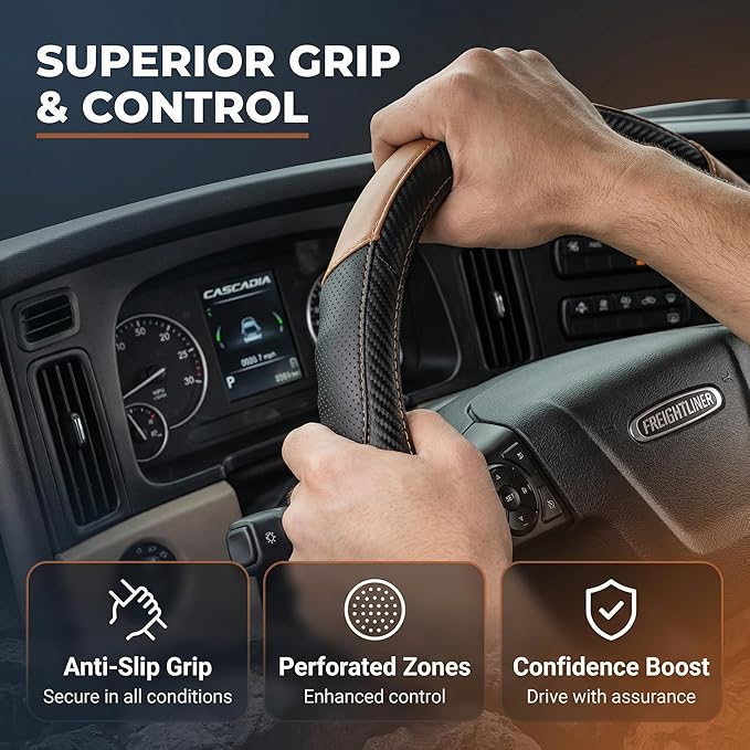 18 Inch Semi Truck Steering Wheel Cover for Freightliner Cascadia, Kenworth T680 T880, Peterbilt 579 & Volvo VNL – Heavy Duty Anti-Slip Leather Grip for Big Rig Class 8 Trucks – Brown