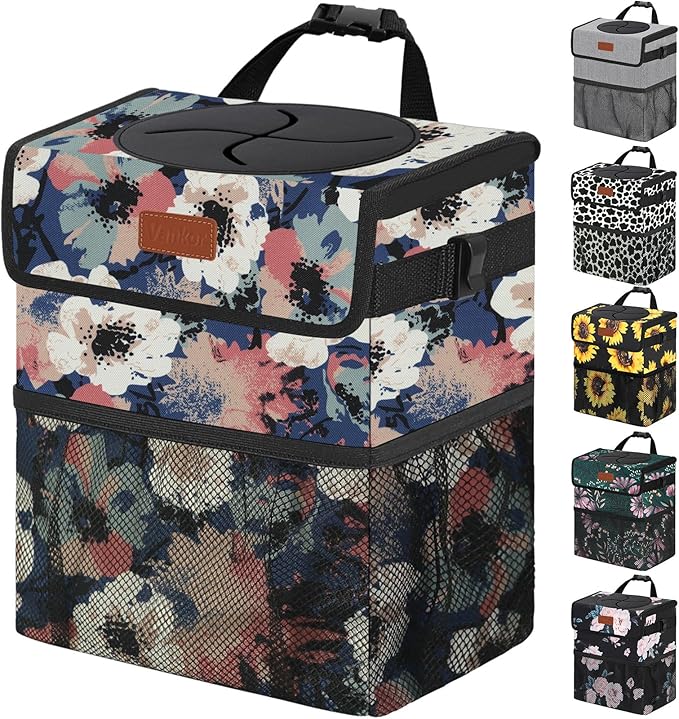 Car Trash Can for Car Cute, Trash Bag Bin Hanging Waterproof Automotive Garbage Cans Leak Proof Vehicle Trash Can Painting Floral