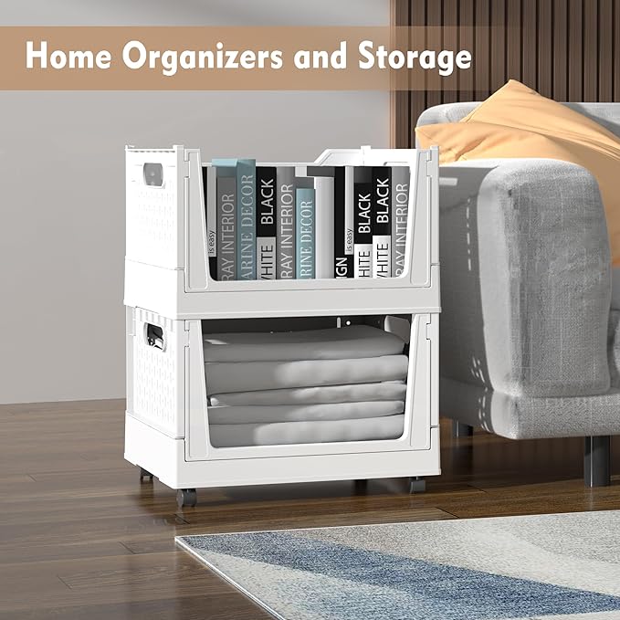Stackable Plastic Storage Basket, 3 Pack Foldable Closet Organizers and Storage Bins with Wheels, Collapsible Drawer Shelf St