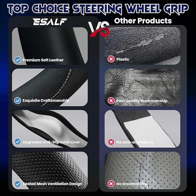 Soft Leather Steering Wheel Cover with Breathable Design and Anti-Slip Grip, Fully Compatible with Tesla, Toyota, Honda, Niss