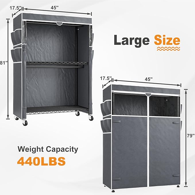 Raybee Clothes Rack with Cover, 45" W Heavy Duty Clothing Racks for Hanging Clothes, Portable Closet with Adjustable Shelves 