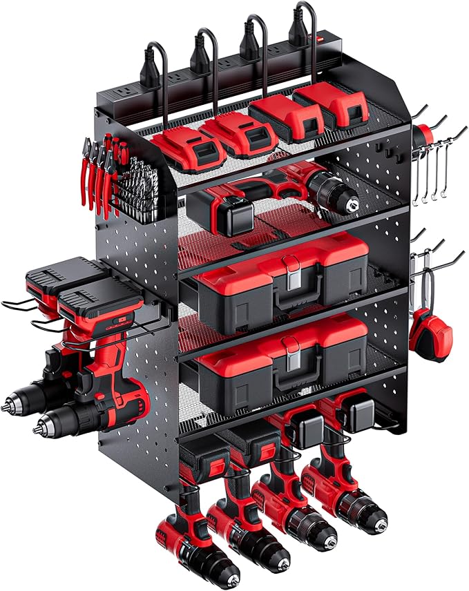 TRZZ Power Tool Organizer Wall Mount, 5-Layer Charging Station with 8 Outlets, 6 Drill Holders, 2 Side Pegboards, and Drill B