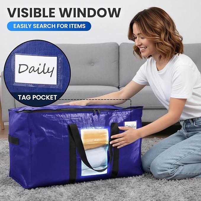 TAILI 10 Pack Dark Blue Extra Large Moving Bags, Heavy Duty Totes with Visible Window, Wrap Around Handles, Great for Space-S