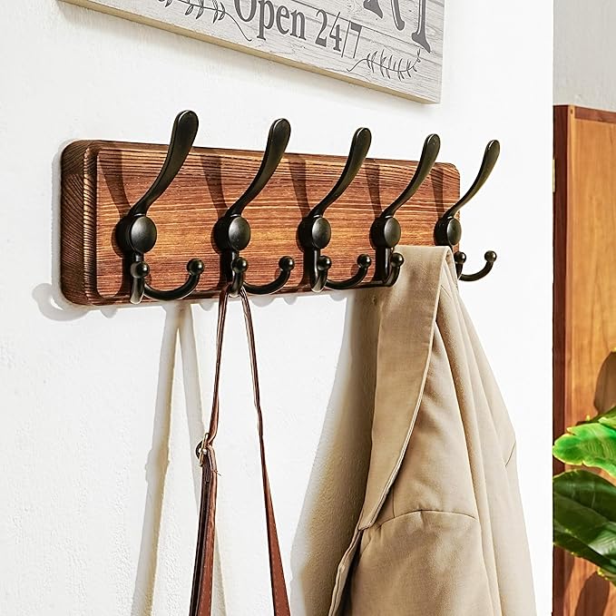 Dseap Coat Rack Wall Mounted - 5 Tri Hooks, Heavy Duty, Wooden Wall Coat Hanger Coat Hook for Clothes Hat Jacket Clothing, Na