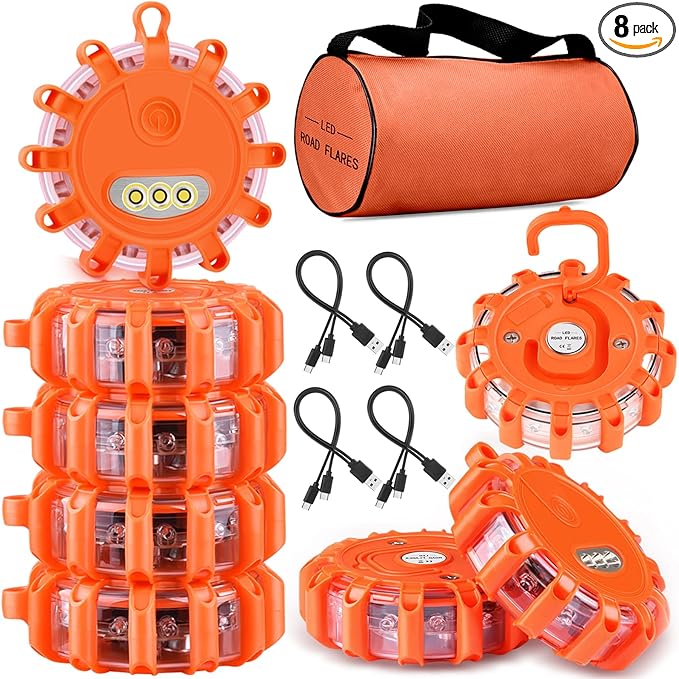 Tobfit 8 Pack USB-C Rechargeable LED Road Flares Roadside Emergency Car Kit, Emergency Lights for Vehicles Flashing Flare Bea