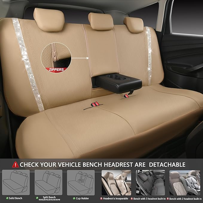 CAR PASS Bling Diamond Car Seat Covers Full Set, Shining Glitter Rhinestone Waterproof Faux Leather Interior Sets Universal Fit Automotive Glitter Crystal Sparkle Strips for Cute Women Girl, Beige