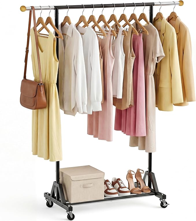 Rolling Garment Rack - Retractable Clothes Rack with Hanging Rods, Lockable Wheels and Bottom Storage Shelf - Sturdy Coat Rac