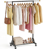 Rolling Garment Rack - Retractable Clothes Rack with Hanging Rods, Lockable Wheels and Bottom Storage Shelf - Sturdy Coat Rac
