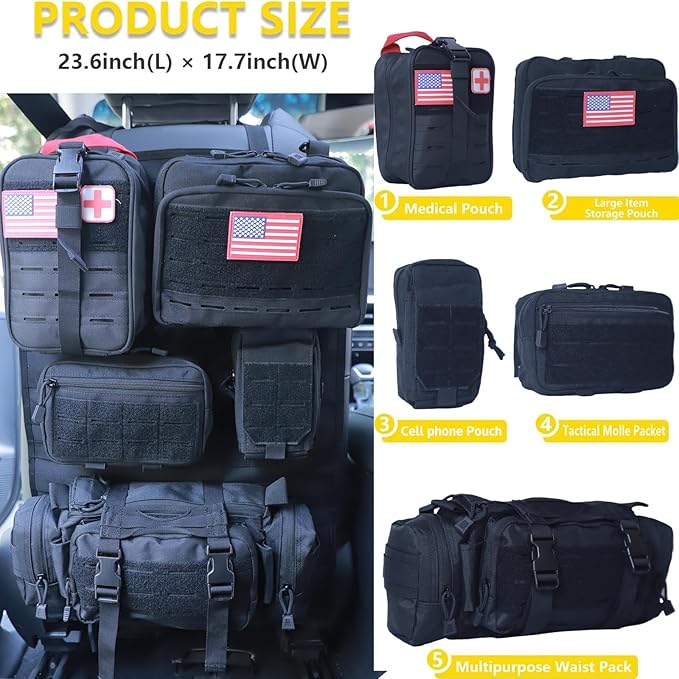 Universal Tactical Car Seat Back Organizer Bag Tactical Molle Vehicle Organizers Panel Vehicle Protector Organizers with 5 Detachable Pouches for Car (Upgraded D Black)