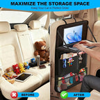 Car Backseat Organizer: Back Seat Storage Organizer for Kids with Tablet Holder, Heavy Duty Back Seat Protector with Foldable Table Tray, Kick Mats w/Pockets, Road Trip Essentials, 2 Count