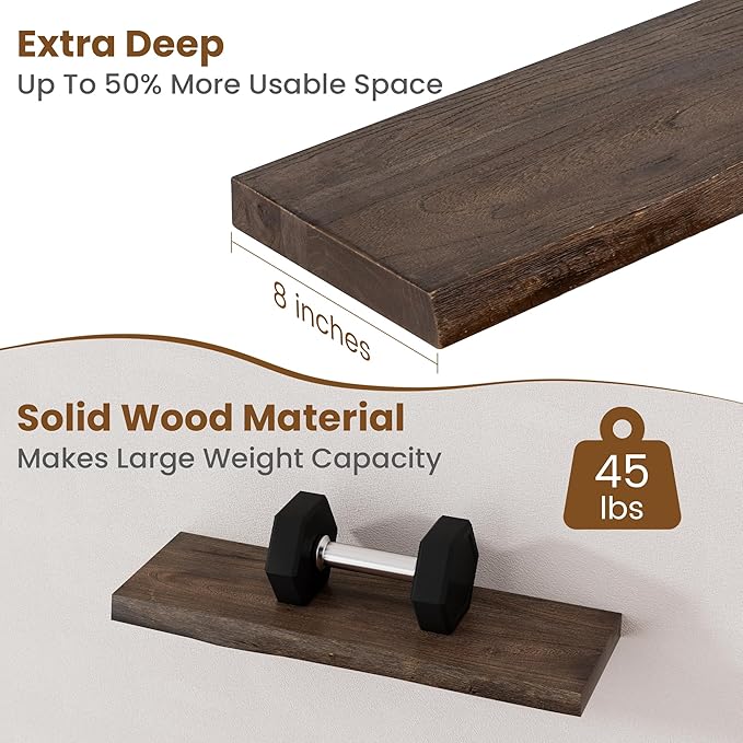 Floating Shelves for Wall Decor, Rustic Solid Elm Wood Live Edge Floating Shelves Wall Mounted, Wall Shelves with Invisible B
