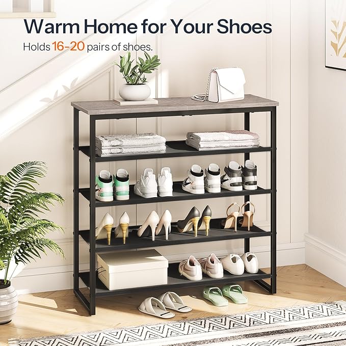 HOOBRO Shoe Rack, 5 Tier Shoe Storage Organizer with 4 Oxford Fabric Shelves and Top Panel, Holds 16-20 Pairs of Shoes, for E