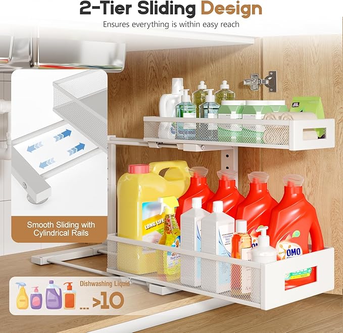 2 Pack 17IN Depth Under Sink Storage Organizer, Large 2-Tier Elegant Mesh Pull Out Shelf for Kitchen and Bathroom Cabinet Org