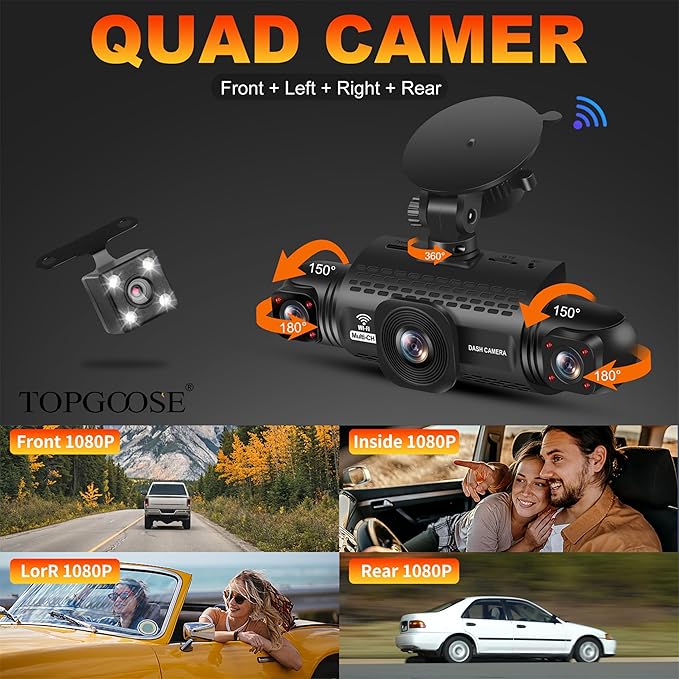 4 Channel Dash Cam 360° View, TOPGOOSE 2K Front and Rear Inside, Left Right Dash Camera for Cars, 8 IR Lamps Night Vision, 5G