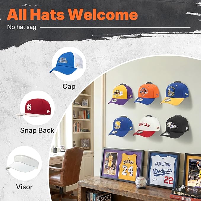 HOUSE DAY Adhesive Hat Hooks for Wall 32 Pack, Strong Hat Rack for Baseball Cap Display Organizer, Hats Holder for Wall, Door