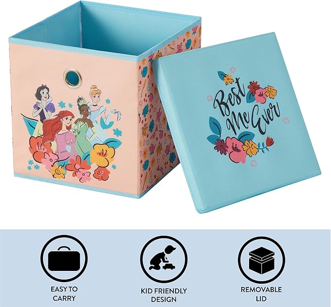 Idea Nuova Disney Princess Collapsible Fabric Storage Cube,10” Organizer Bin with Lid for Bedroom, Playroom, and Closet